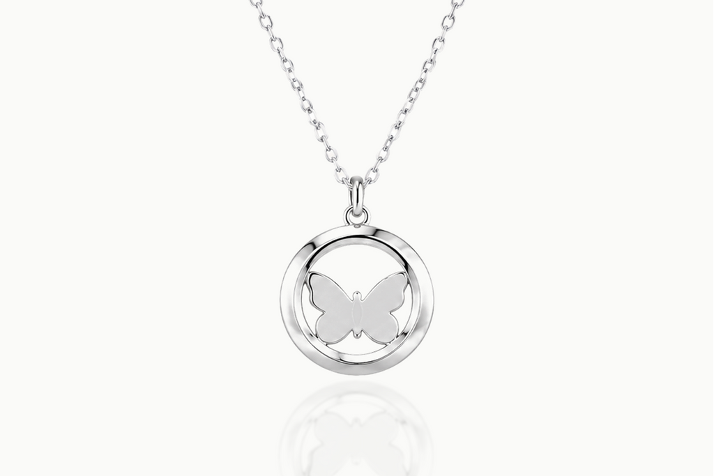 Back view of the Luminous Wing sterling silver butterfly pendant and chain