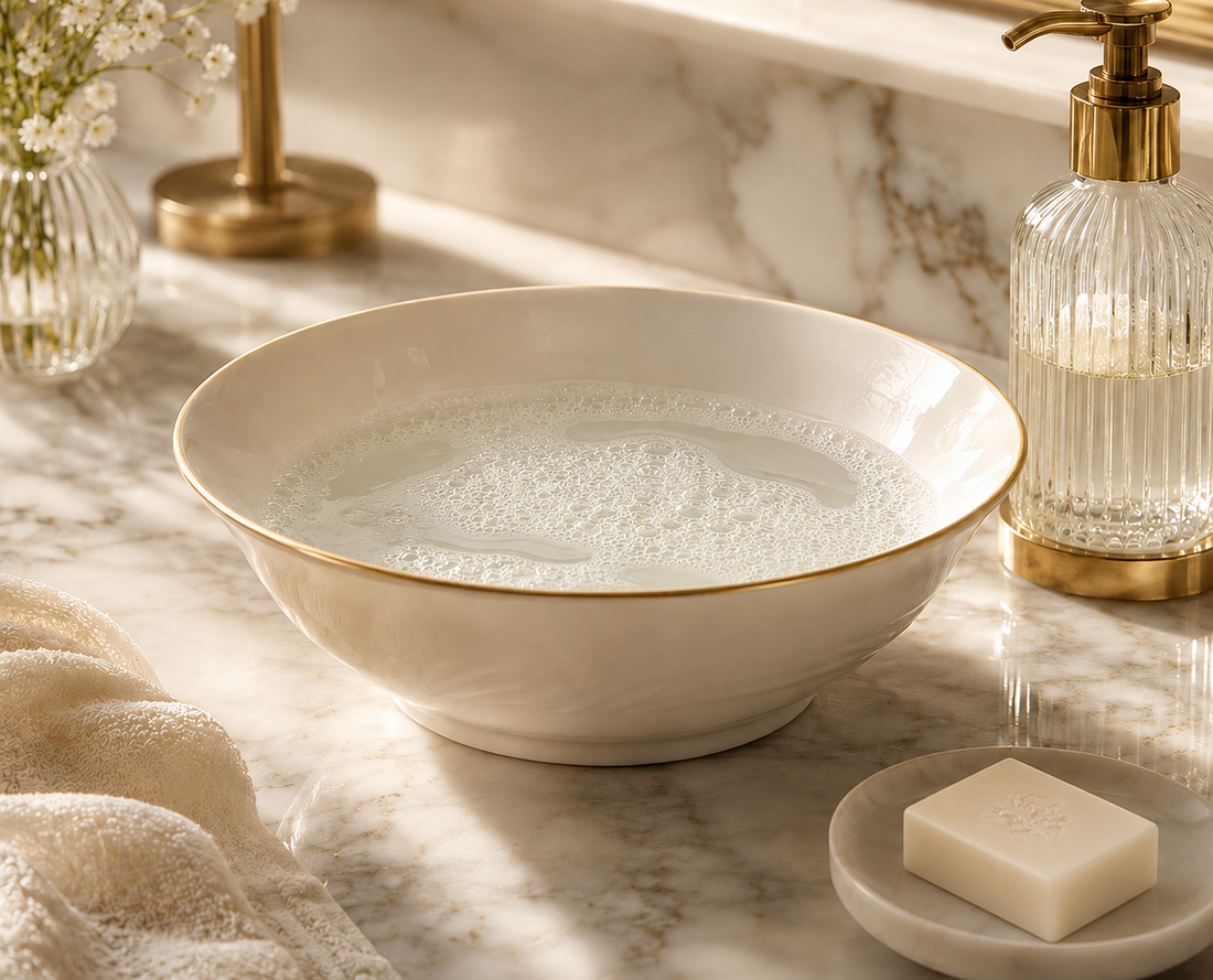 KREMO necklace beside a gentle bath of lukewarm water and mild soap