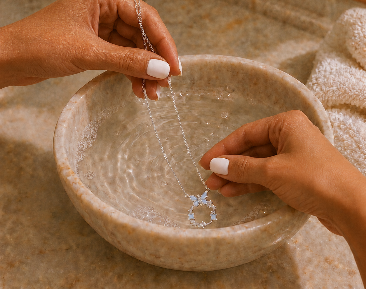 KREMO necklace being rinsed safely inside a clean bowl