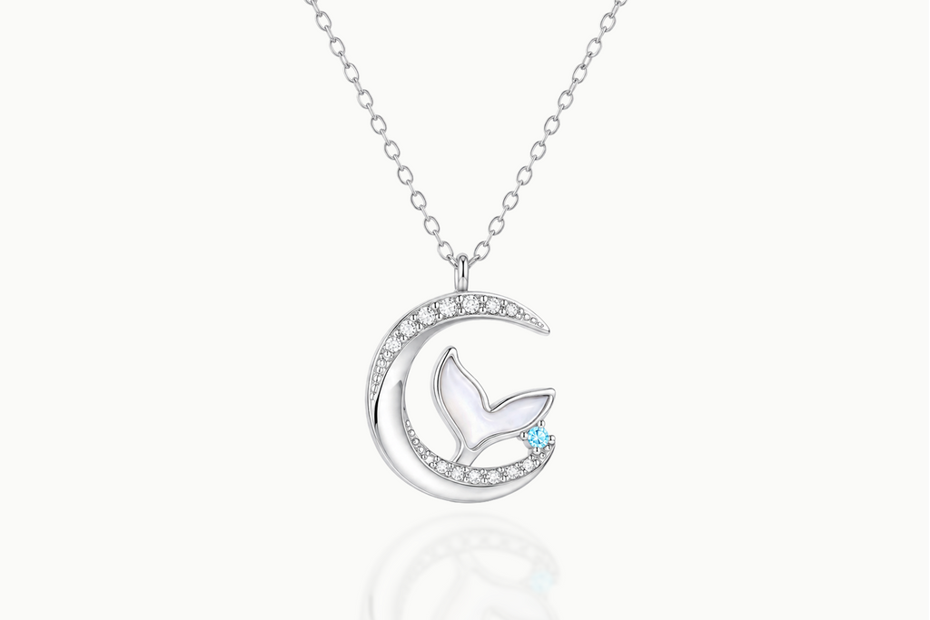 Front view of the Mermaid's Tale 925 sterling silver moon and mermaid tail necklace