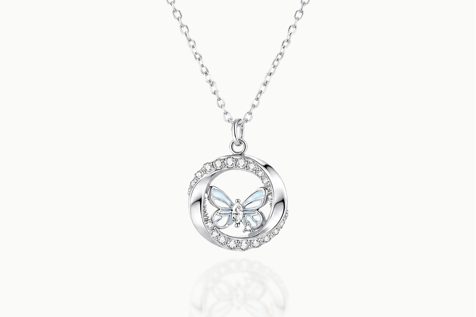 Front view of the Luminous Wing 925 sterling silver butterfly necklace